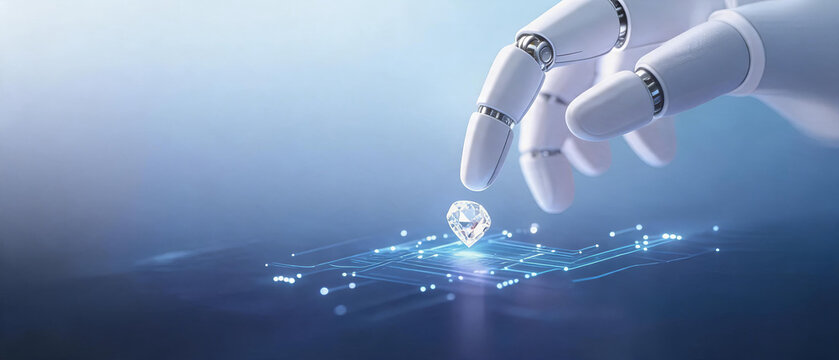 A robotic manipulator reaches toward a glowing gem hovering over a digital circuit board, representing advanced tech, ai innovation and digital value.