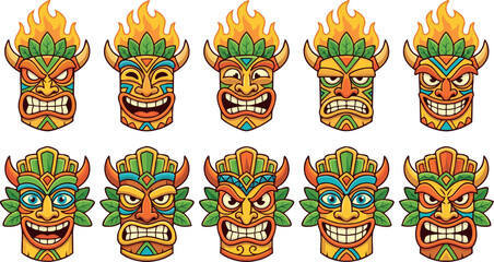 Traditional Polynesian Tiki Mask Vector Illustration Collection Set Featuring Various Angry And Happy Tribal Expressions With Fire And Leaves © MdMojnu