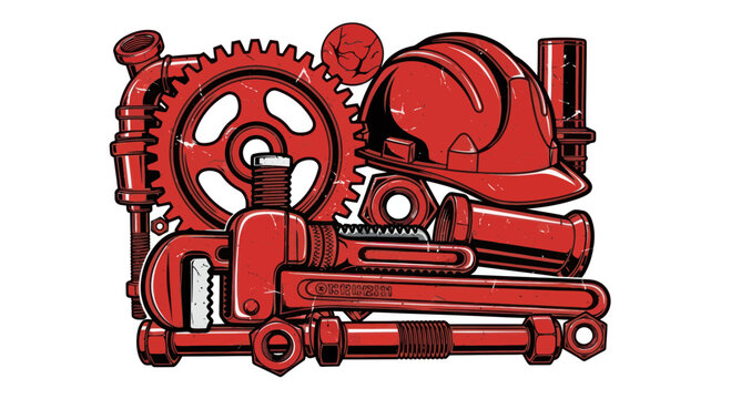 Industrial Tools and Safety Gear Collage, Red Tones, Grunge Texture