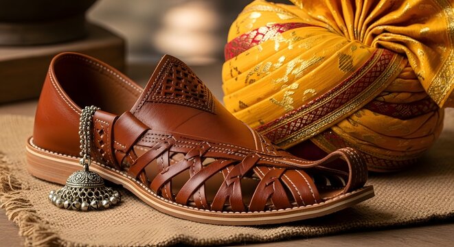 Traditional Indian Men Footwear And Yellow Turban