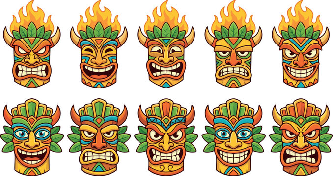 Traditional Polynesian Tiki Mask Vector Illustration Collection Set Featuring Various Angry And Happy Tribal Expressions With Fire And Leaves