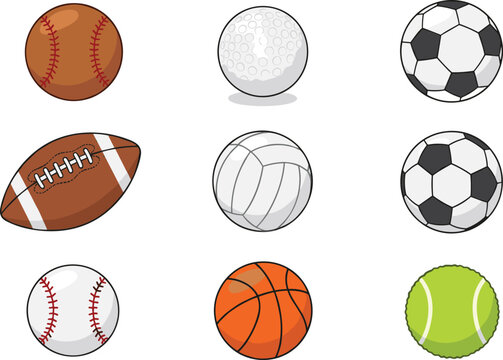 Set of nine different sports balls icons including football, basketball, and soccer isolated on white background.