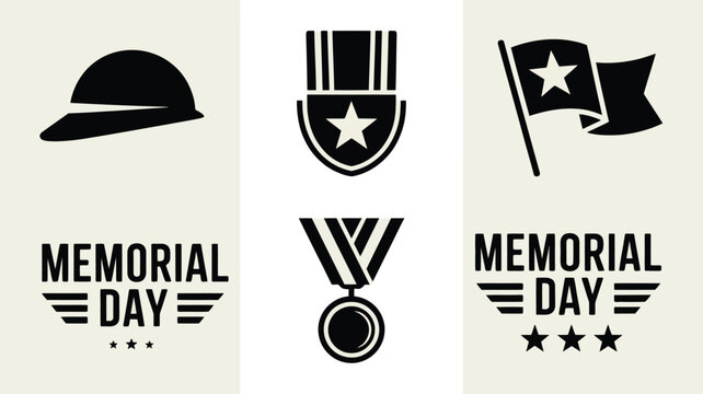 Commemorative vintage inspired silhouette icons representing memorial day with military medals american flag and soldier's cap on a neutral background symbolizing patriotism