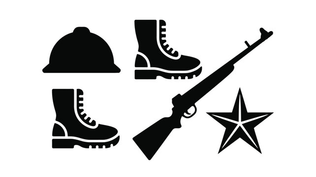 Minimalist graphic design featuring black silhouette icons of a military helmet two combat boots a rifle and a star symbol on a clean white background representing army war