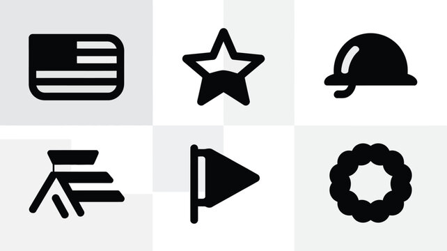 Minimalist black icons representing national holidays patriotism and memorials including us flag star hard hat wreath and flagpole set on a clean geometric background