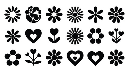 Collection of black silhouette icons featuring diverse flowers and hearts evoking retro and vintage aesthetics for greeting cards celebrations and decorative graphics © Mrittunjoy