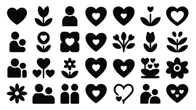 Modern ui style silhouette icons representing family love motherhood parenthood and floral elements for celebrations like mother's day featuring hearts flowers and people figures