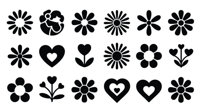 Collection of black silhouette icons featuring diverse flowers and hearts evoking retro and vintage aesthetics for greeting cards celebrations and decorative graphics