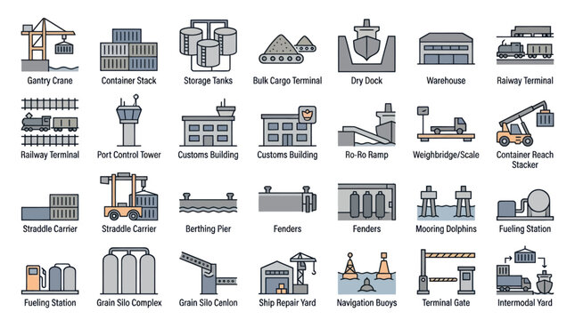 Port Shipping Logistics Outline Icons Set - Maritime Cargo Freight Terminal Vector Elements