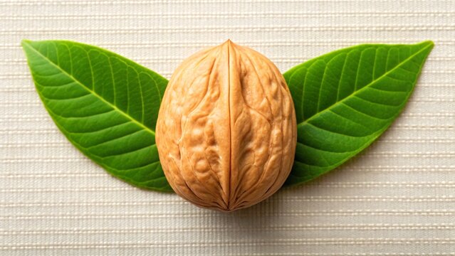 Fresh walnut with green leaves on textured background
