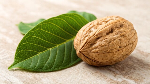 Fresh walnut with green leaves on rustic surface