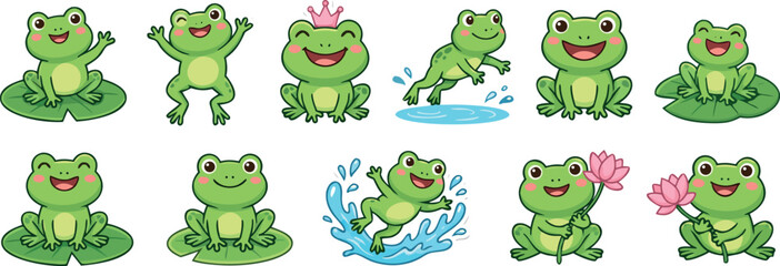 Fototapeta premium Adorable Collection of Cute Green Frog Characters in Various Poses With Water Lilies and Lotus Flowers