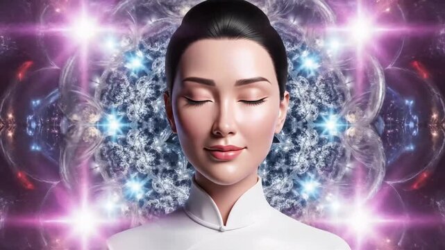 Colorful space animation features woman with closed eyes and a bright face in vivid patterns