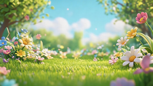 This is a soft 3D rendered spring garden scene, with lush green lawns dotted with colorful wildflowers under a clear blue sky with fluffy clouds.