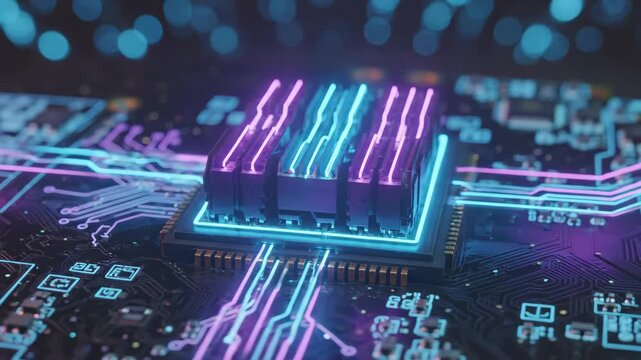 Close up of a digital circuit board with a ram module glowing neon