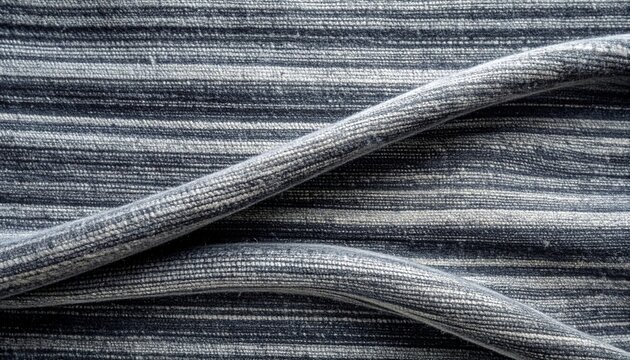 Macro closeup of a black leather texture and black and white fabric textile featuring an abstract pattern of steel wire cable and wool fiber thread