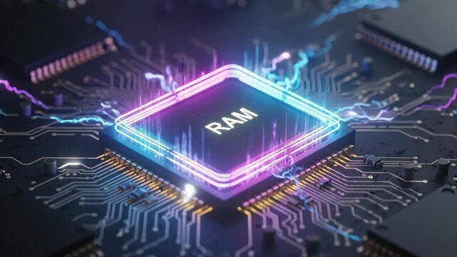 Close up of a digital circuit board with neon colored glowing elements