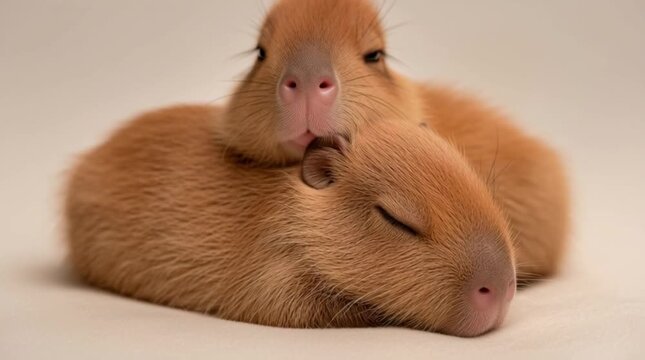 Cute guinea pigs sleeping together peacefully.