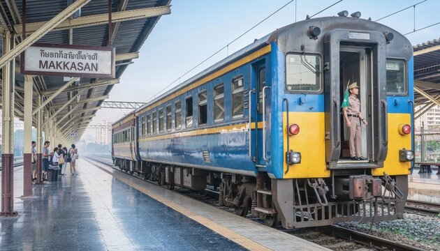 Train at Makassan Station: A vibrant blue and yellow passenger train rests at the platform of Makassan station, with a conductor visible in the open doorway, ready for departure in the morning light.