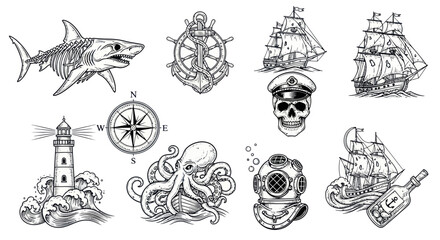 Nautical Tattoo Style Collection: Shark, Ships, Lighthouse, Octopus, Skull, Compass © Isun