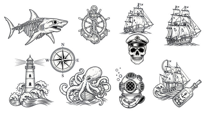 Nautical Tattoo Style Collection: Shark, Ships, Lighthouse, Octopus, Skull, Compass