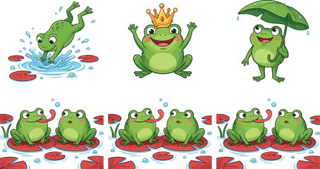 Fototapeta premium Collection of Cute Cartoon Green Frog Characters Jumping in Water Wearing a Crown and Holding a Leaf Umbrella Isolated on White Background
