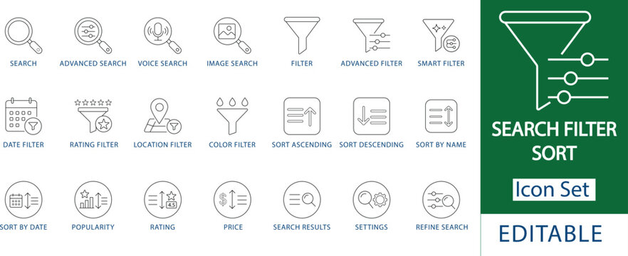 search filter and sort icon set: professional ui ux navigation, magnifying glass, voice and image search, advanced filtering, price and popularity sorting, and digital discovery line icons.