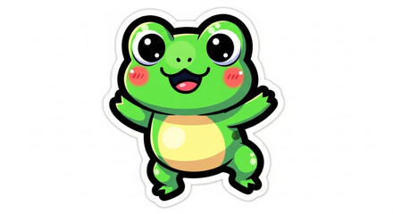 Obraz premium Adorable green cartoon frog character with a cheerful smile and big expressive eyes, depicted in a playful and friendly pose, perfect for children's designs, stickers, or whimsical illustrations