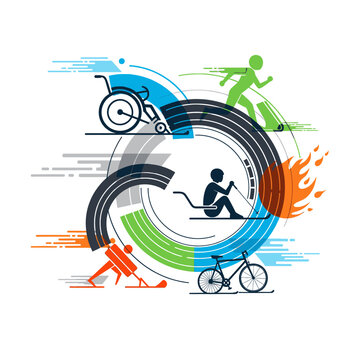 Sports activity illustration with icons for running, cycling, skiing, and wheelchair racing, arranged dynamically in a circle, representing movement and inclusivity.