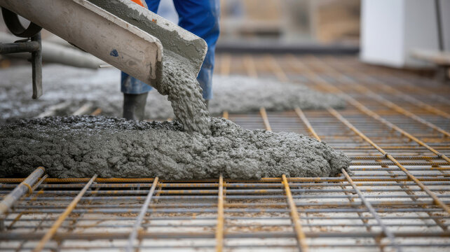 Wet concrete being poured from a construction chute onto a steel rebar grid for building floor