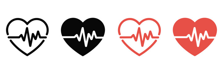 Heartbeat icon set, heart shape with pulse line symbols, cardiology and health monitoring concept,  line inside heart icons, medical and fitness theme, minimal modern vector design © gevan