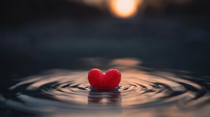 Fototapeta premium Heartbreak and loss red heart shape in water with ripples at sunset symbolizing grief sadness loneliness and emotional. High quality photo