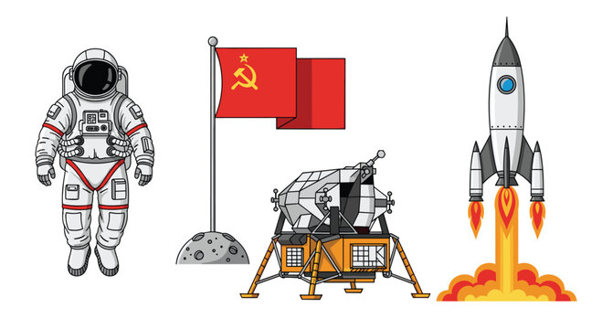 A vintage-style space exploration scene featuring a Soviet astronaut, a red hammer and sickle flag, a lunar lander, and a rocket launching into the deep void.