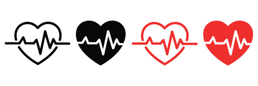 Heart pulse icons, heart shape with heartbeat line vector illustration, health care and wellness symbols, simple flat and outline designs