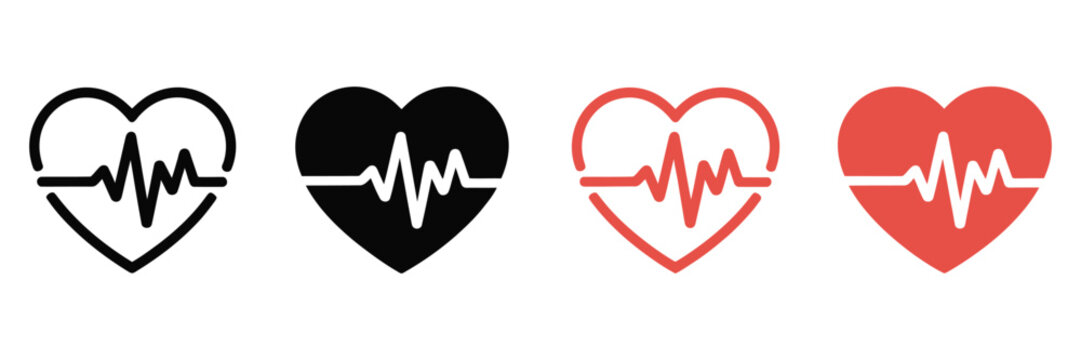 Heartbeat icon set, heart shape with pulse line symbols, cardiology and health monitoring concept,  line inside heart icons, medical and fitness theme, minimal modern vector design