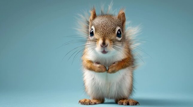 A cute brown and white squirrel standing on its hind legs.