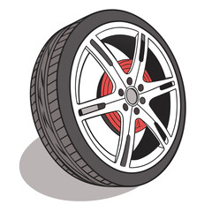 Obraz premium Silver car wheel with red brake disc vector art.