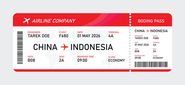 Red and white airline boarding pass for china to indonesia flight ticket china indonesia route