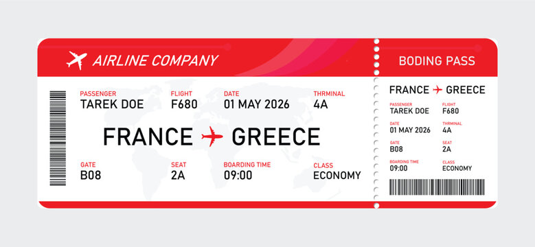 Red and white airline boarding pass for flight from france to greece, economy flight ticket