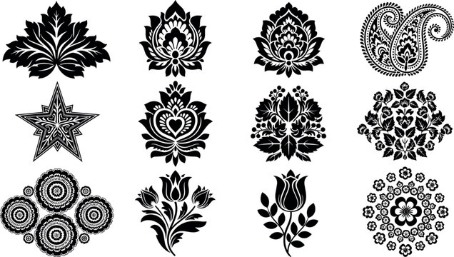 Decorative Ethnic Ornament Vector Set with Paisley, Floral Damask, Mandala, Star and Tulip Motifs for Textile, Henna and Vintage Designs