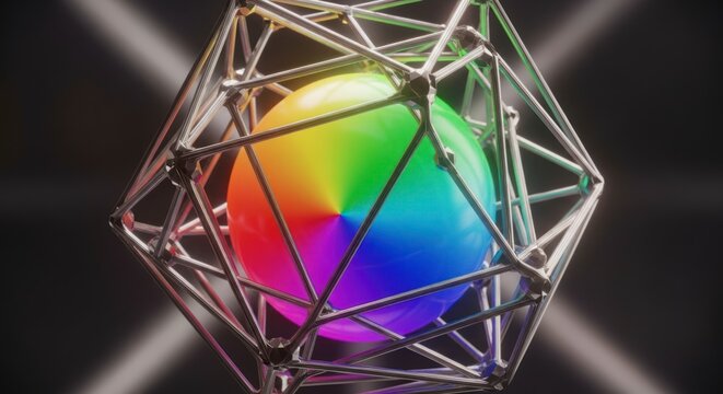 Geometric metal wireframe sphere rainbow.
