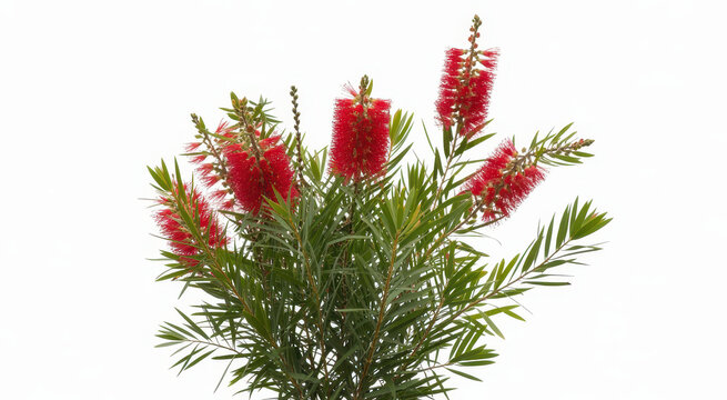 Red callistemon bottlebrush flowers with green leaves isolated on a plain white background