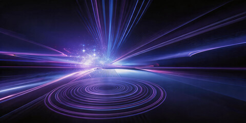 Fototapeta premium This is a futuristic digital background featuring radiant light beams, circular light patterns and speed motion effects in dark space, creating a sci-fi technological atmosphere.