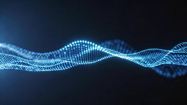 This is a 3D rendered digital background featuring a glowing blue particle-based DNA double helix structure flowing against a dark backdrop, representing biotech and digital science concepts.