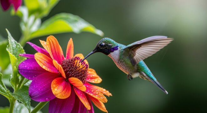 Hummingbird feeding on colorful flower.