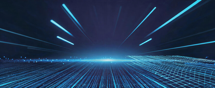 This is a futuristic digital visualization showing glowing light rays and data streams moving at high speed over a wireframe grid, representing fast tech data transfer.