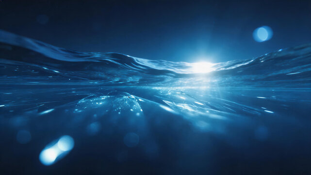 A serene underwater view showing sunlight beams filtering through calm deep blue ocean waves, with soft bokeh effects and sparkling light refracting through the water.