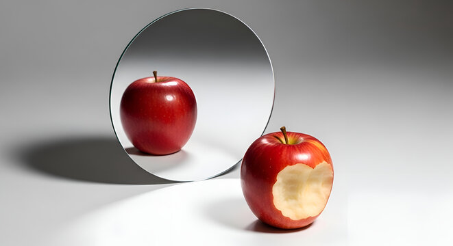 The untouched reflection of a bitten red apple in a mirror, symbolizing the difference between reality and perception, or the ideal versus the flawed truth
