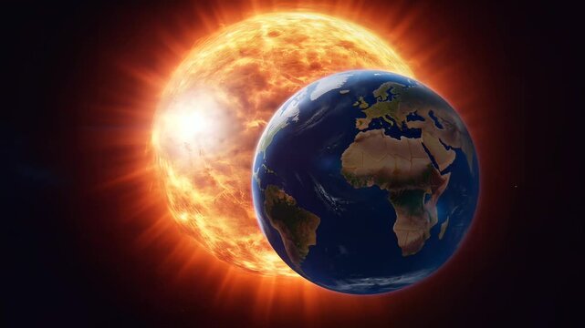 Planet Earth orbiting the Sun in deep space against a dark background
