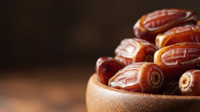 Fresh Sweet Dried Dates Falling into a Wooden Bowl for Healthy Snack